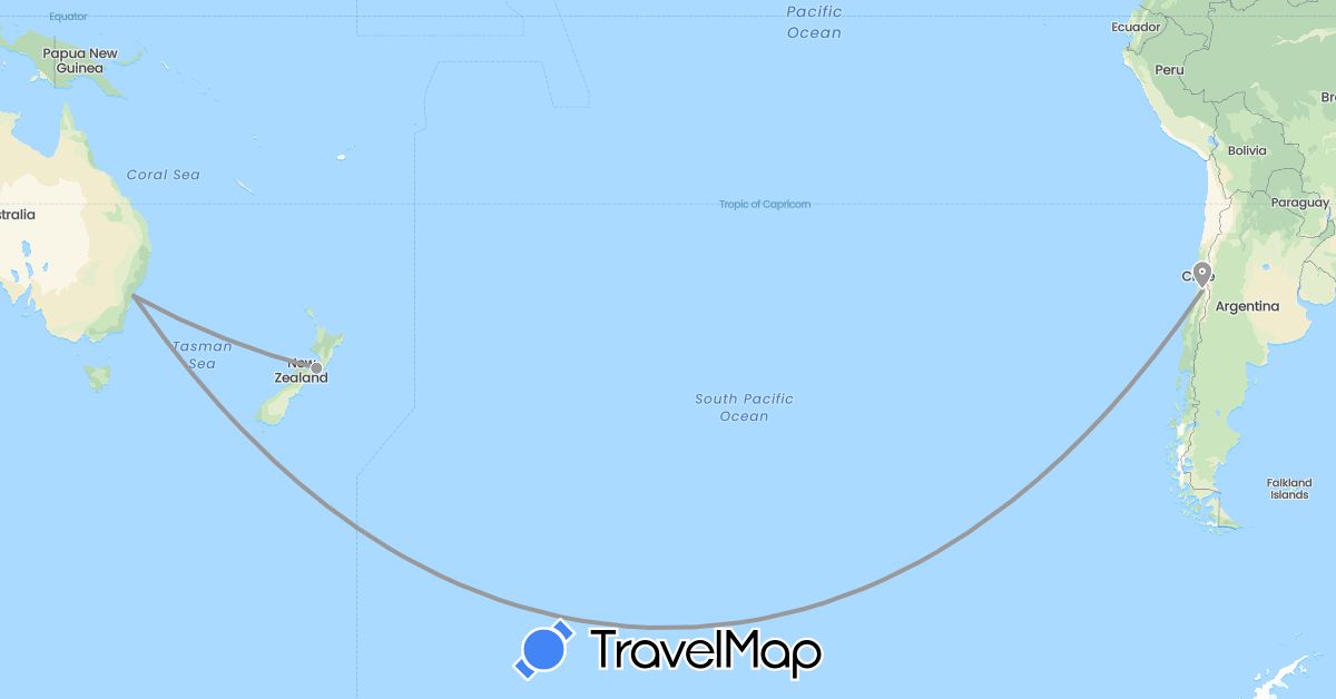 TravelMap itinerary: driving, plane in Australia, Chile, New Zealand (Oceania, South America)